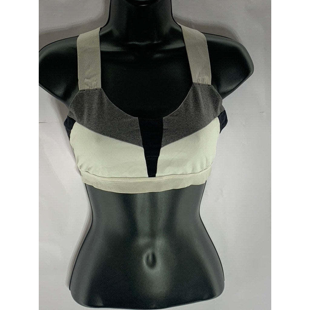ALO Women's White/Black Colorblock Scoop-Neck Elastic Cross Strap Sport Bra SZ S