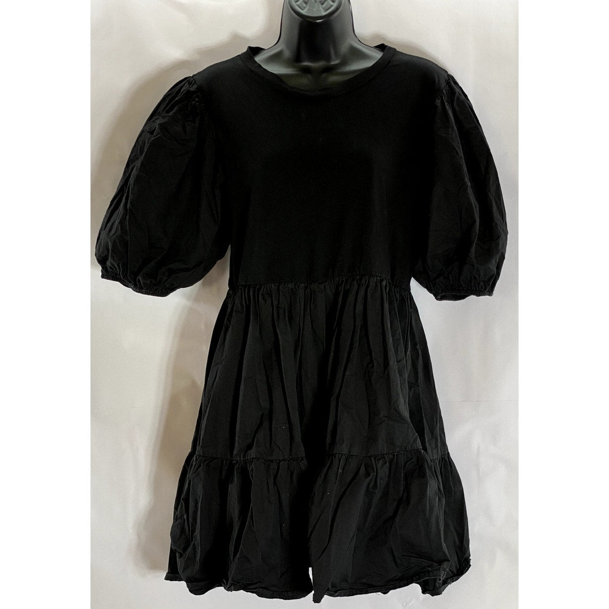 EN SAISON Women's Black Solid Crewneck Puff Sleeve Ruffle-Hem Mini Dress SZ L