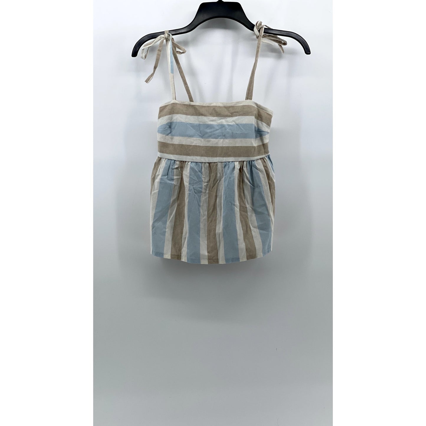 UNBRANDED Women's Blue-Tan Striped Straight-Neck Tie-Strap Ruffle Top SZ S