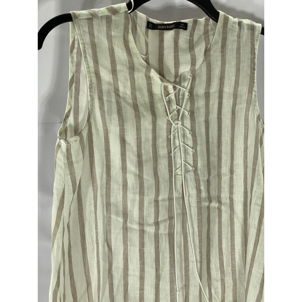 ZARA BASIC Women’s Beige Striped Tie-Neck Sleeveless Cotton-Linen Top SZ S