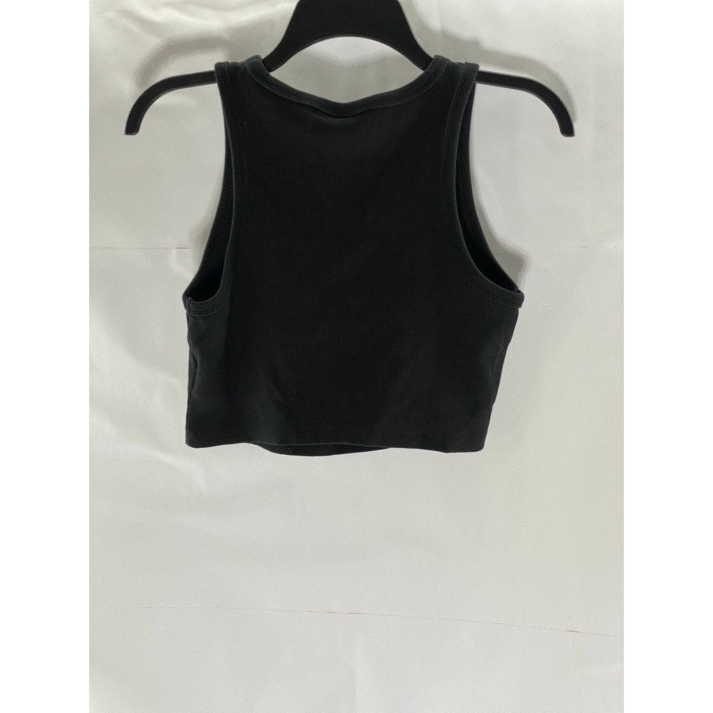 H&M Women's Black Sleeveless Ribbed Knit Stretch Halter Crop Top SZ L
