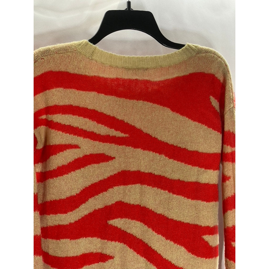 CLUB MONACO Women's Tan-Red Zebra Striped Crewneck Knit Pullover Sweater SZ S