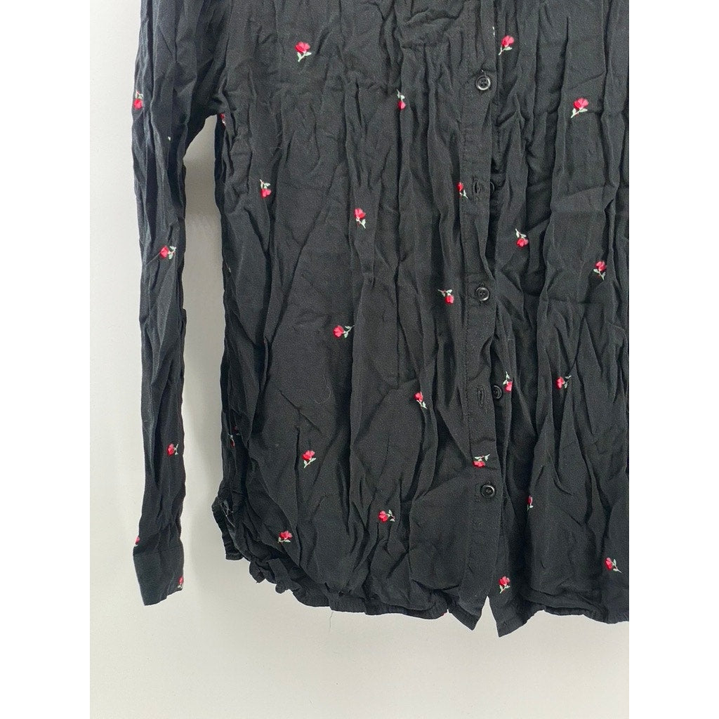 COTTON:ON Black Women's Mini Rose Print Button-Up Long Sleeve Top SZ S