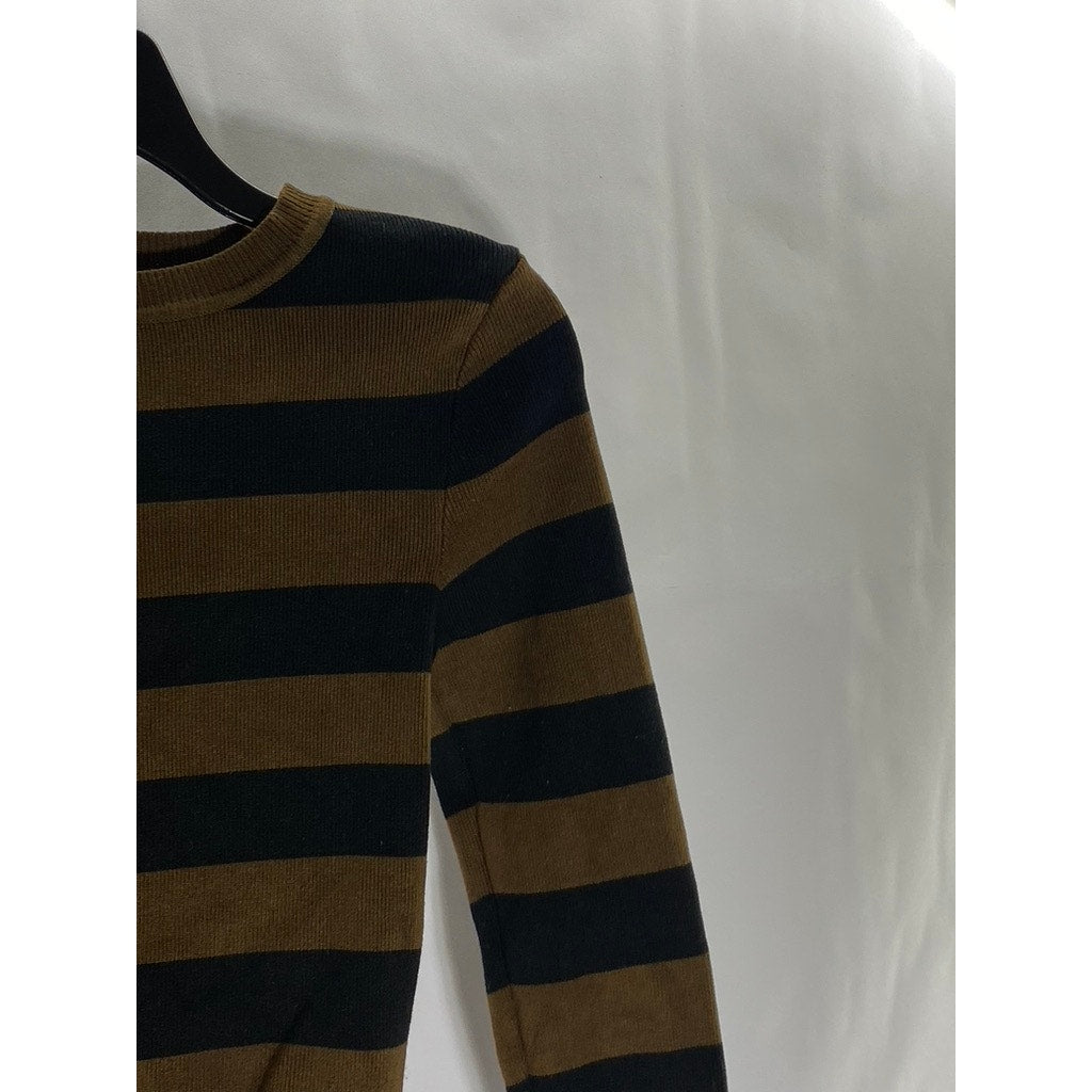 ZARA Women's Black/Brown Striped Knit Crewneck Long Sleeve Crop Top SZ S