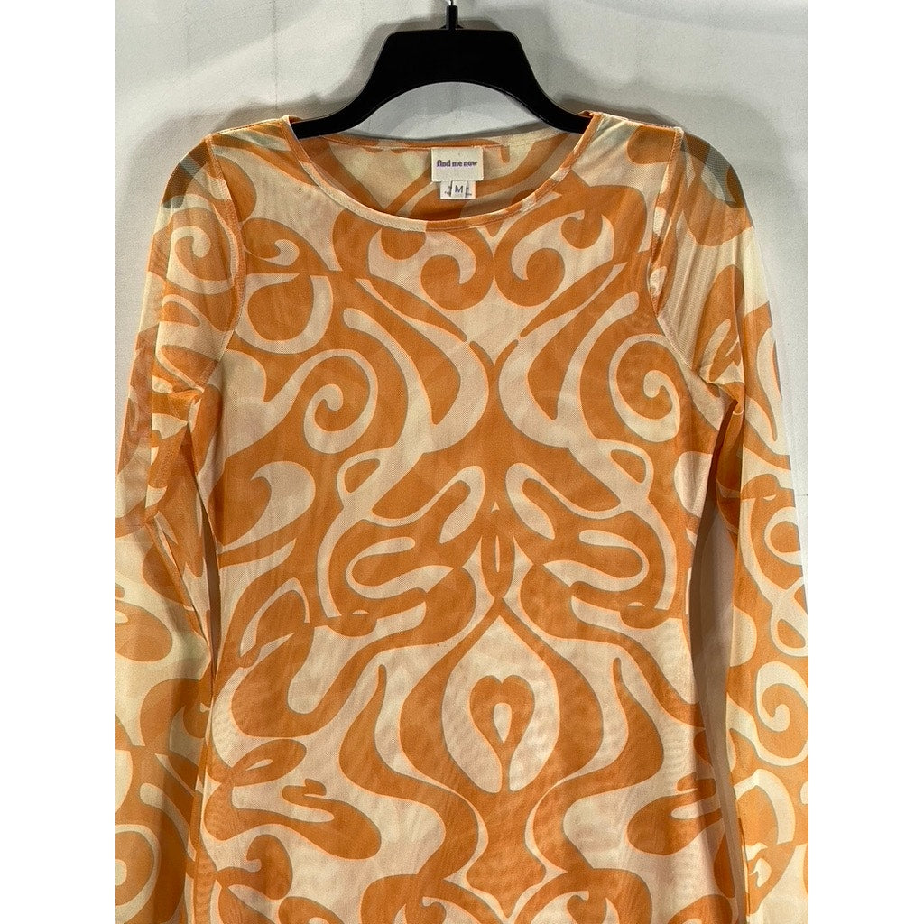 FIND ME NOW Women's Mesh Orange Creamsicle Dream On Long Sleeve Midi Dress SZ M