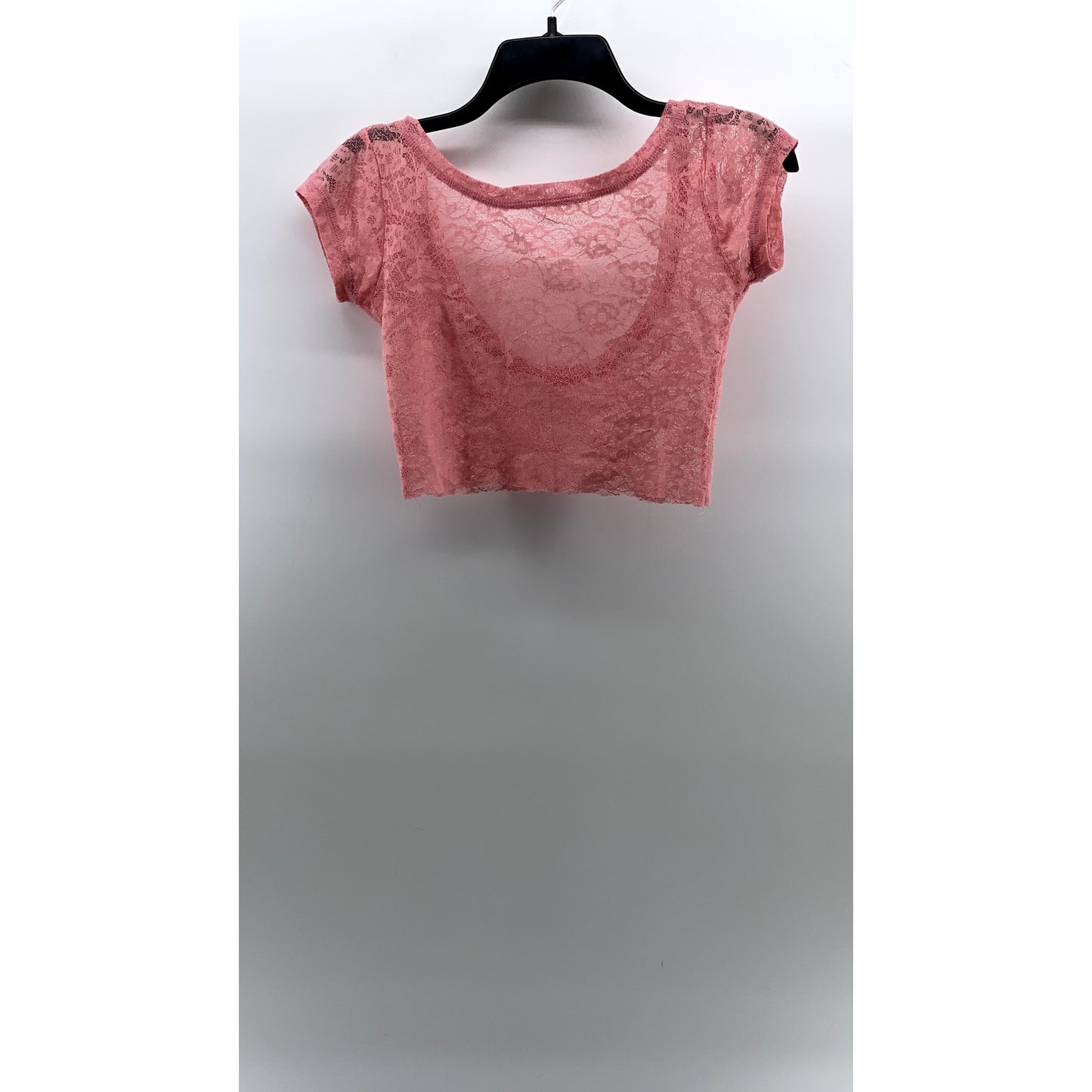 UNBRANDED Women's Light Pink Crewneck Lace Short Sleeve Cropped Top SZ XS