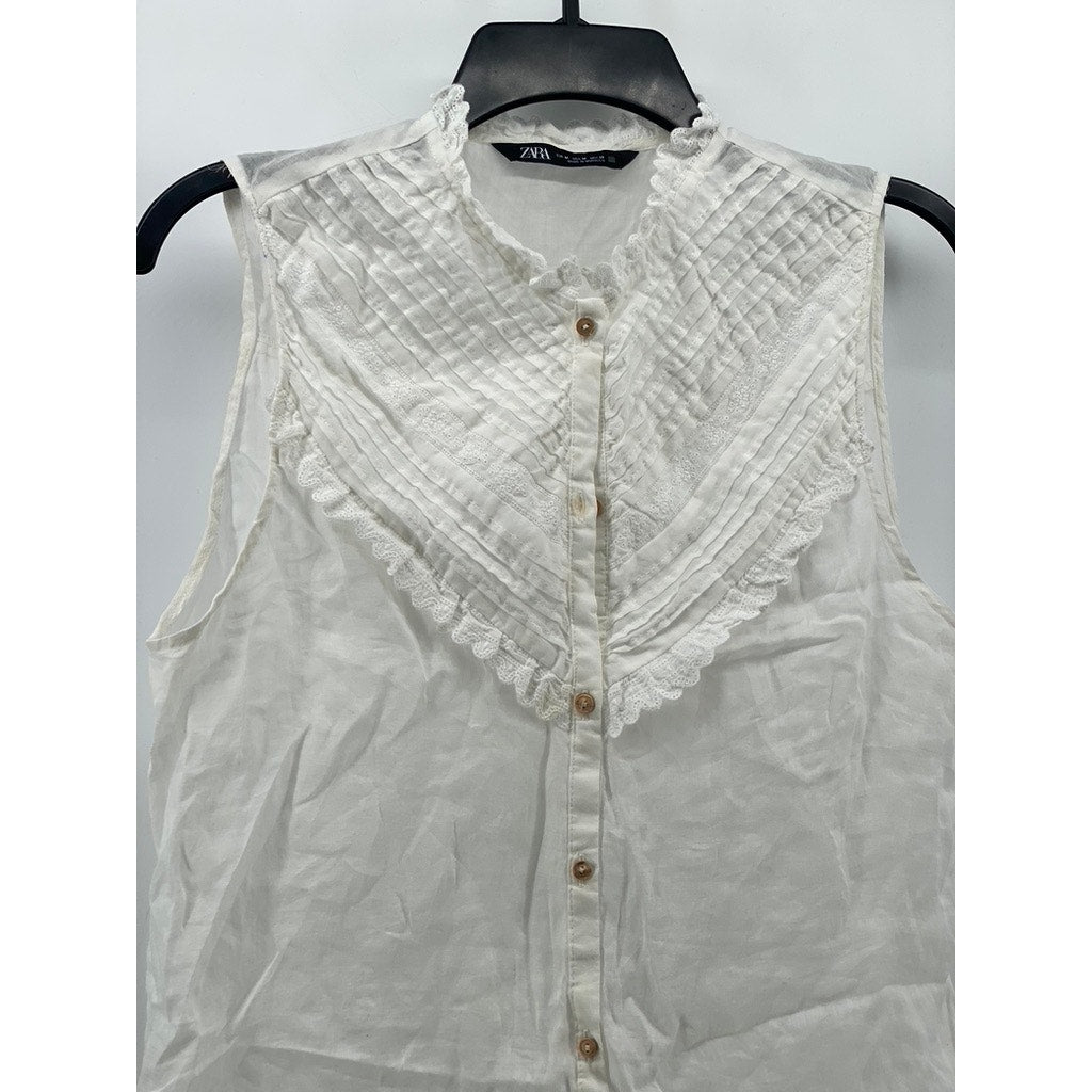 ZARA Women’s White Pleated Lace-Trim High-Neck Button-Up Top SZ M