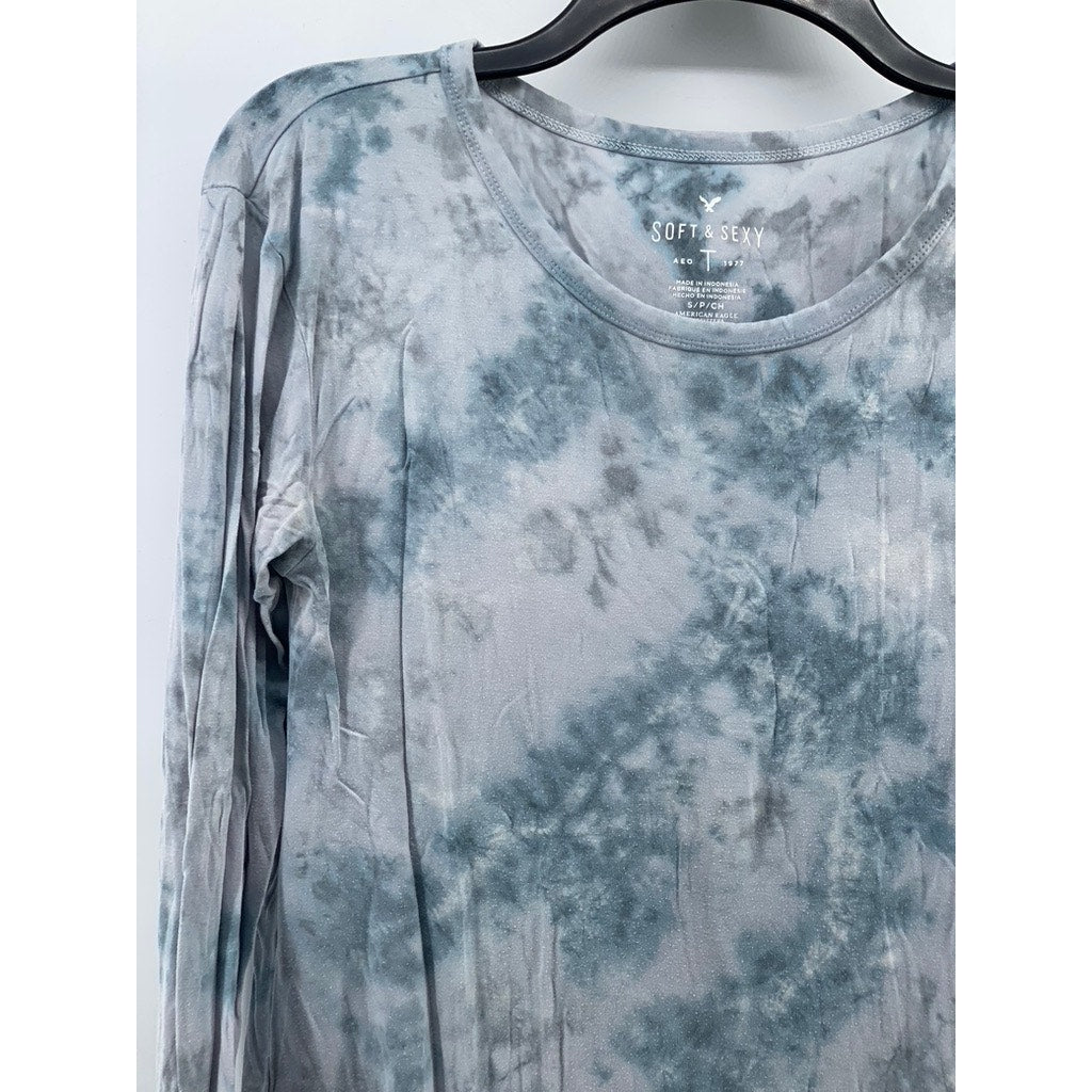 AMERICAN EAGLE Women's Blue Tie-Dye Soft & Sexy Crewneck Long Sleeve Top SZ S