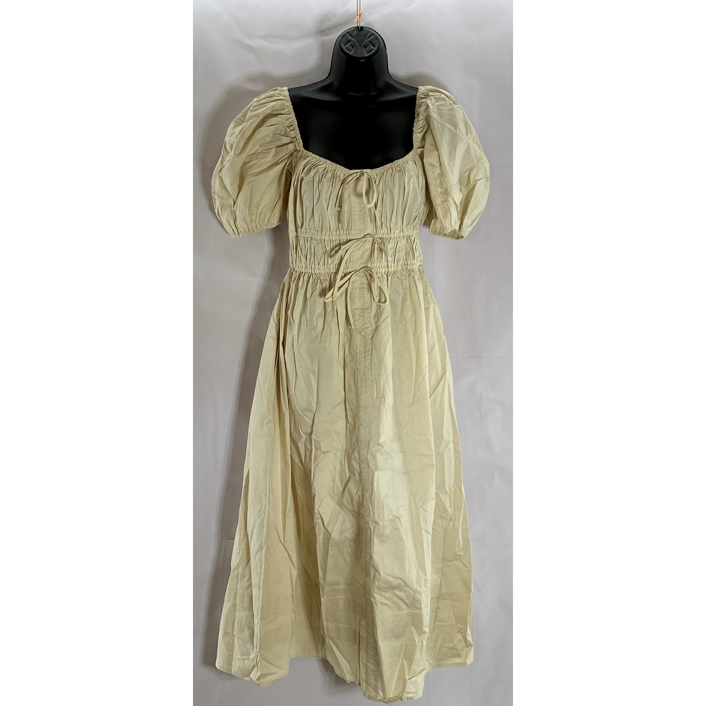 EN SAISON Women's Natural Sveta Square-Neck Puff Sleeve Tie-Back Midi Dress SZ M