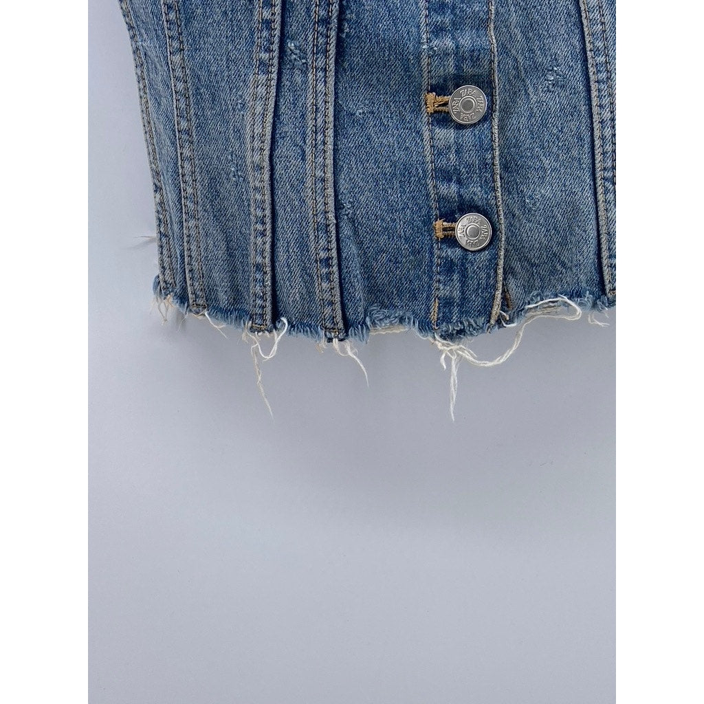 ZARA Women's Light Blue Denim Raw-Hem Button-UP Strapless Corset Top SZ M