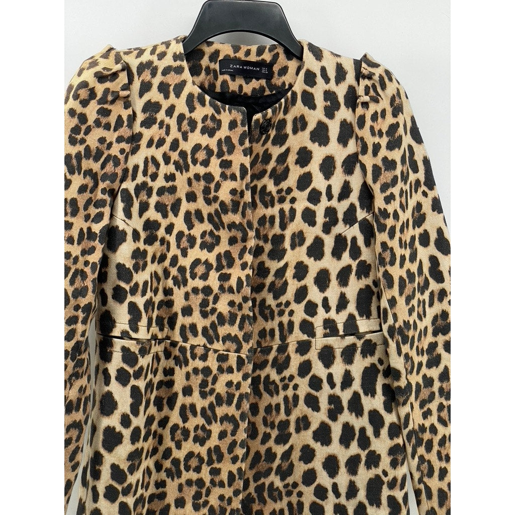 ZARA Women’s Tan-Black Animal Print Snap-Button Long Sleeve Collarless Coat SZ S