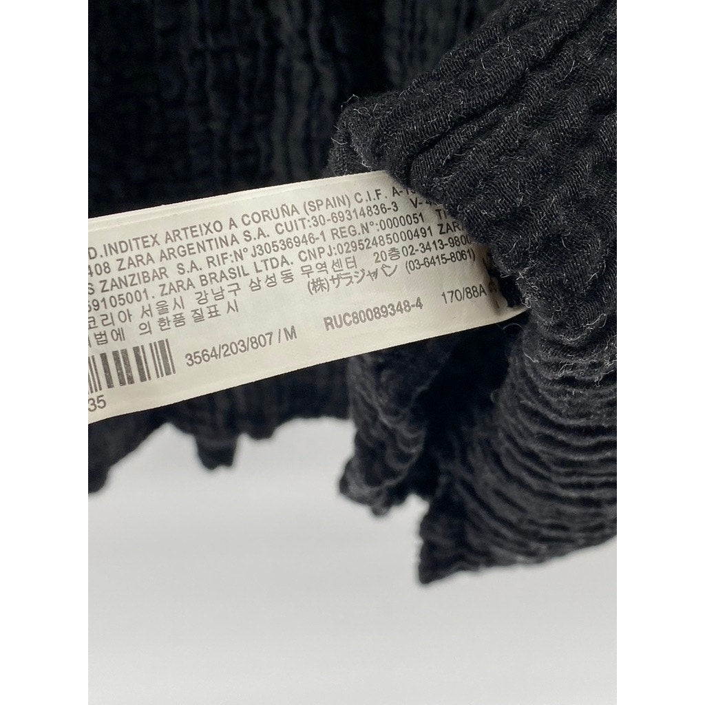 ZARA Women's Black Textured Smocked-Waist Long Sleeve V-Neck A-Line Dress SZ M