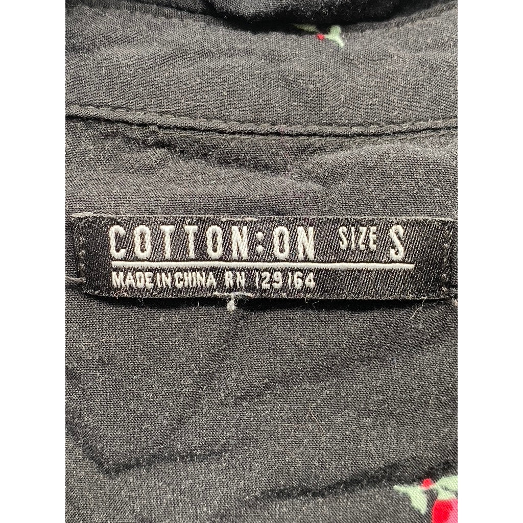 COTTON:ON Black Women's Mini Rose Print Button-Up Long Sleeve Top SZ S