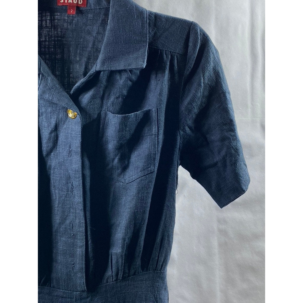 STAUD Women's Navy Linen-Blend Half-Button Wide-Leg Short Sleeve Jumpsuit SZ 2