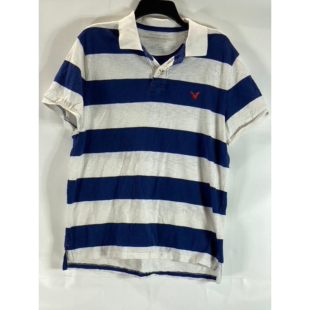 AMERICAN EAGLE OUTFITTERS Men's Navy/White Athletic-Fit Striped Polo Shirt SZ L