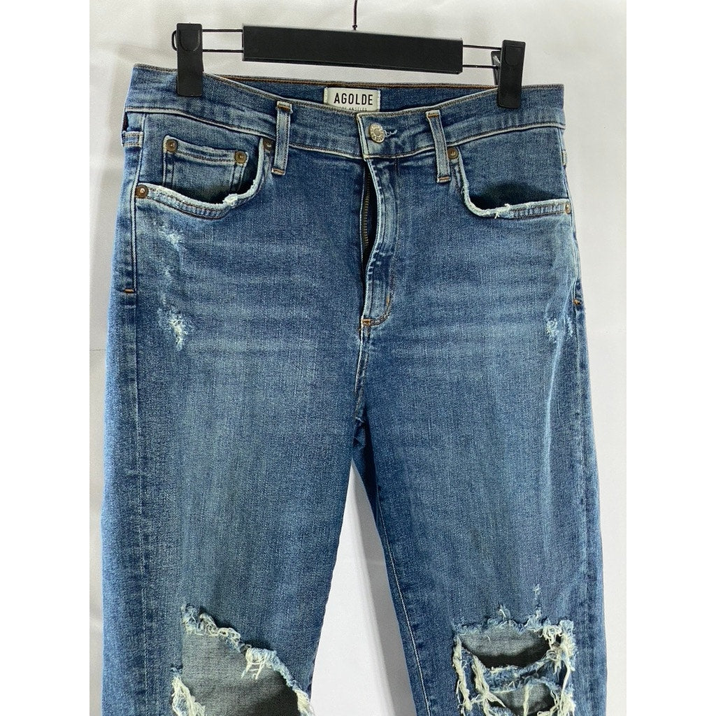 AGOLDE Women's Blue Denim Distressed High-Rise Sophie Skinny Cropped Jean SZ 30