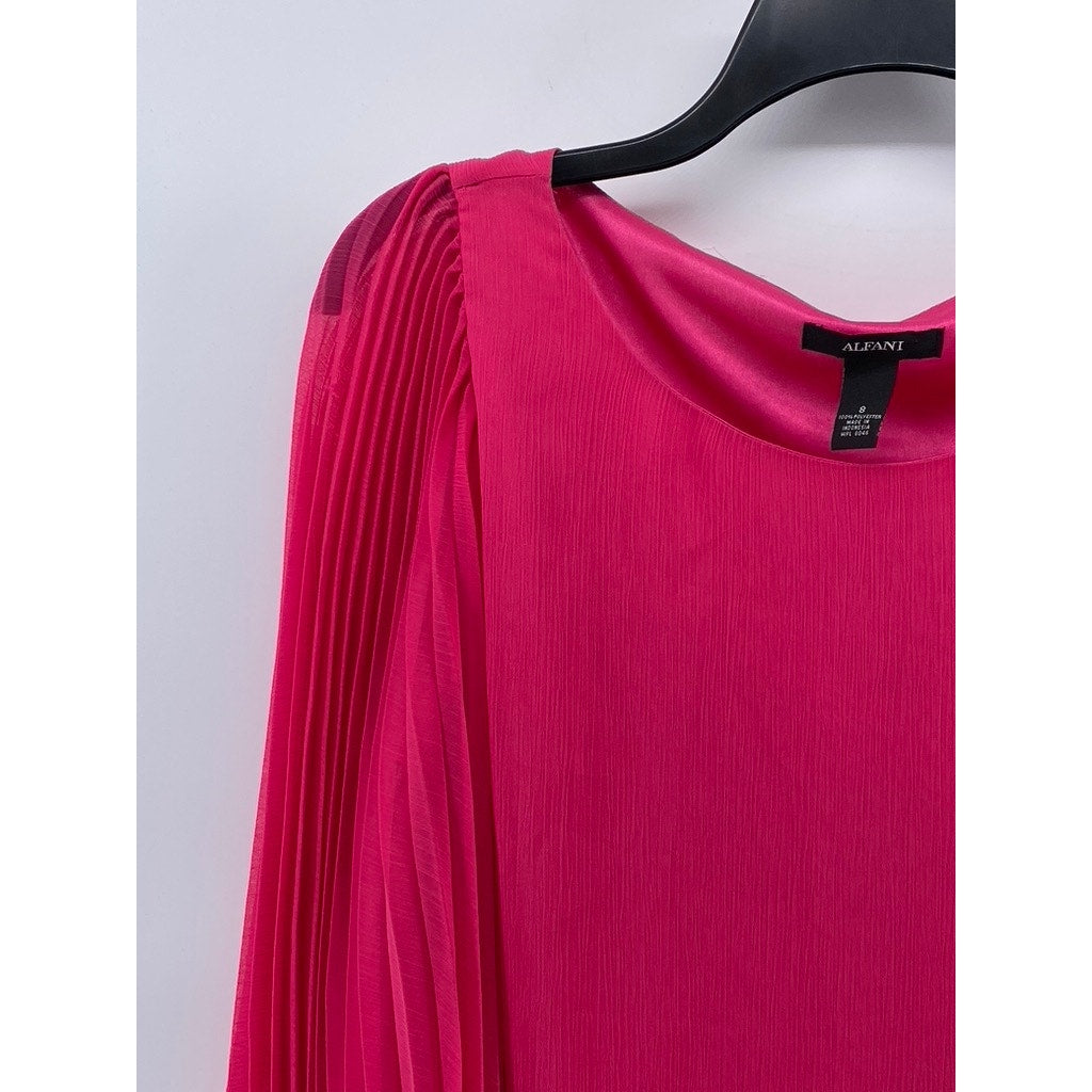ALFANI Women's Pink Scoop-Neck Pleated Sheer Long Sleeve Bubble-Hem Top SZ 8
