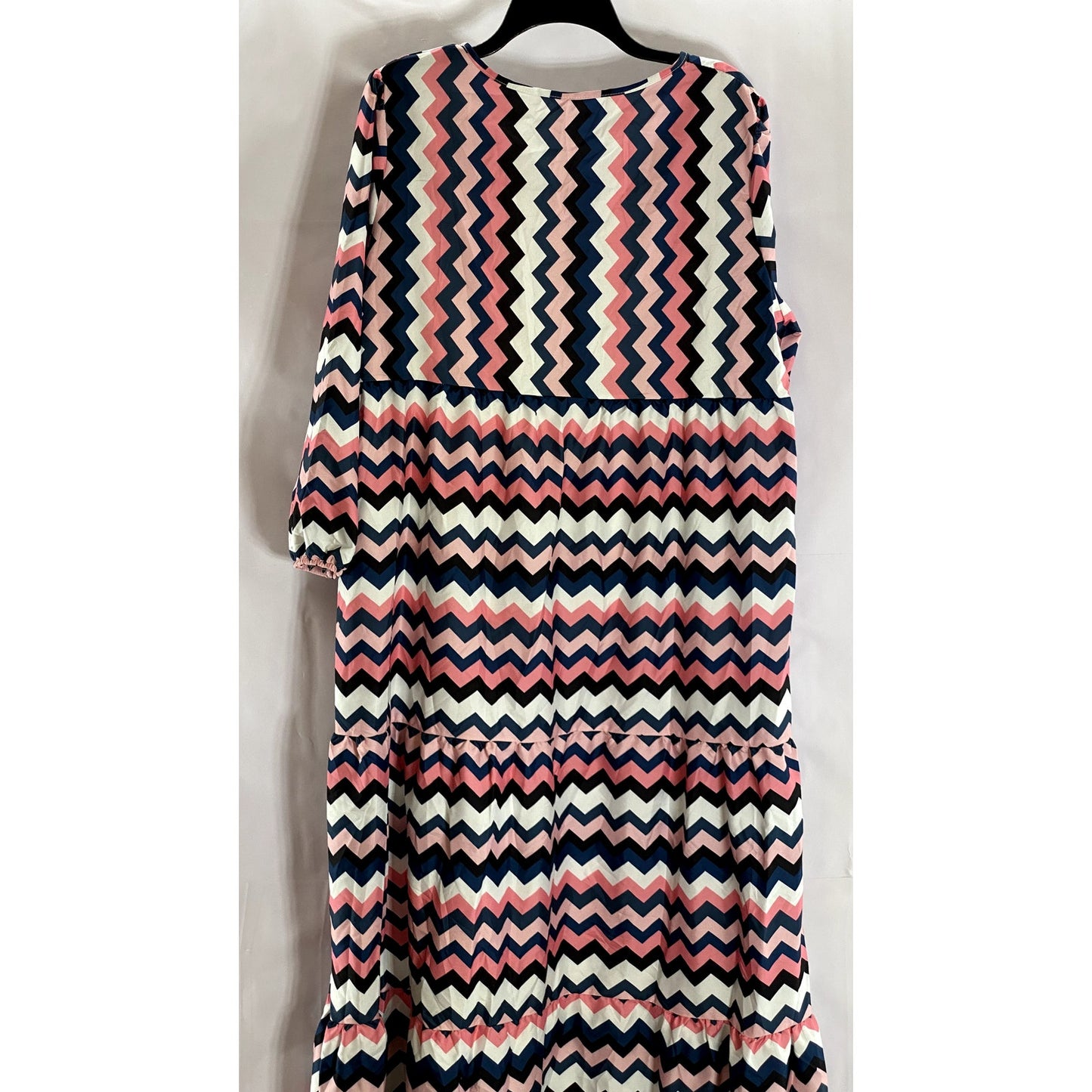 UNBRANDED Women's Pink/Black/White Zig-Zag Tie-Neck 3/4 Sleeve Midi Dress SZ XL