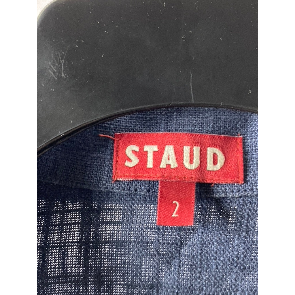 STAUD Women's Navy Linen-Blend Half-Button Wide-Leg Short Sleeve Jumpsuit SZ 2