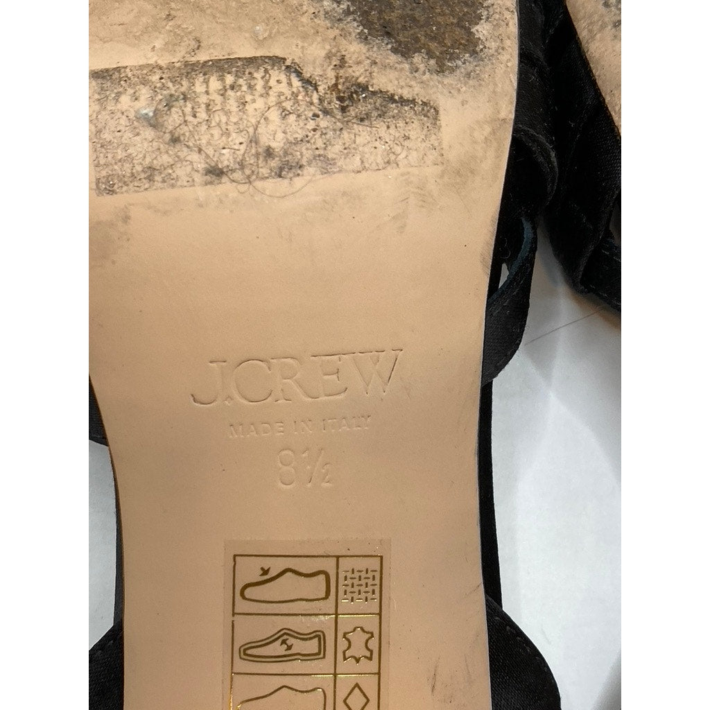 J.CREW Women's Black Satin Strappy Peep-Toe Ankle Strap Heeled Sandals SZ 8.5