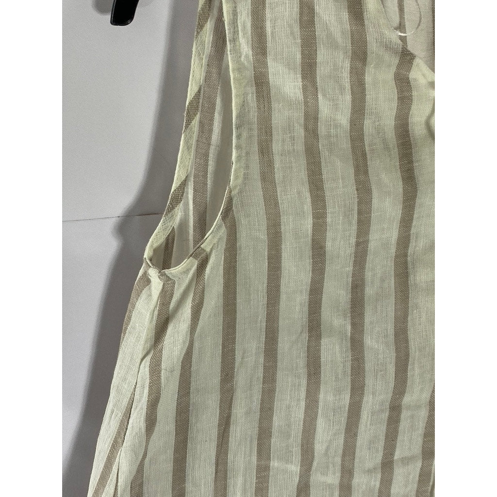 ZARA BASIC Women’s Beige Striped Tie-Neck Sleeveless Cotton-Linen Top SZ S
