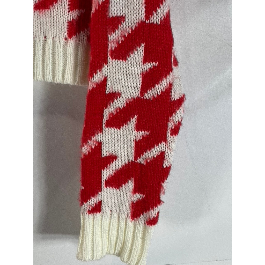 KLESIS Women's Cream/Red Houndstooth Crewneck Knit Cropped Sweater SZ M/L