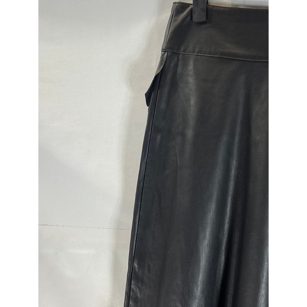 RACHEL RACHEL ROY Women's Black Faux Leather Ruffled Knee Length Skirt SZ 4