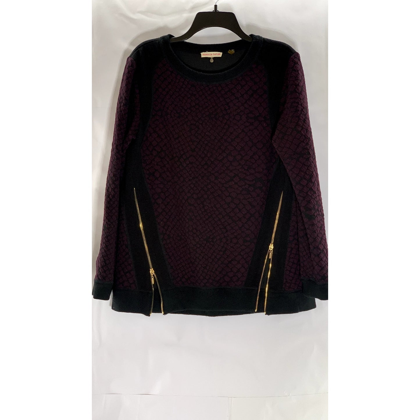 REBECCA TAYLOR Women's Wine-Black Animal Print Crewneck Moto Zip Sweater SZ 10