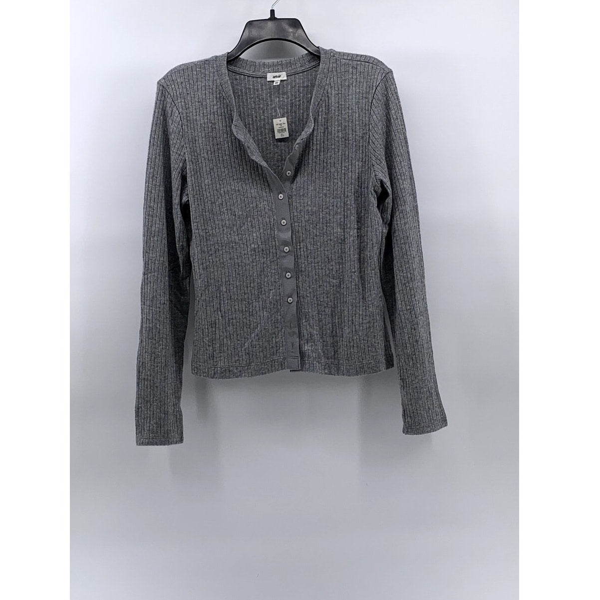 AERIE Women’s Heather Gray Ribbed Long Sleeve Button-Up Top SZ L