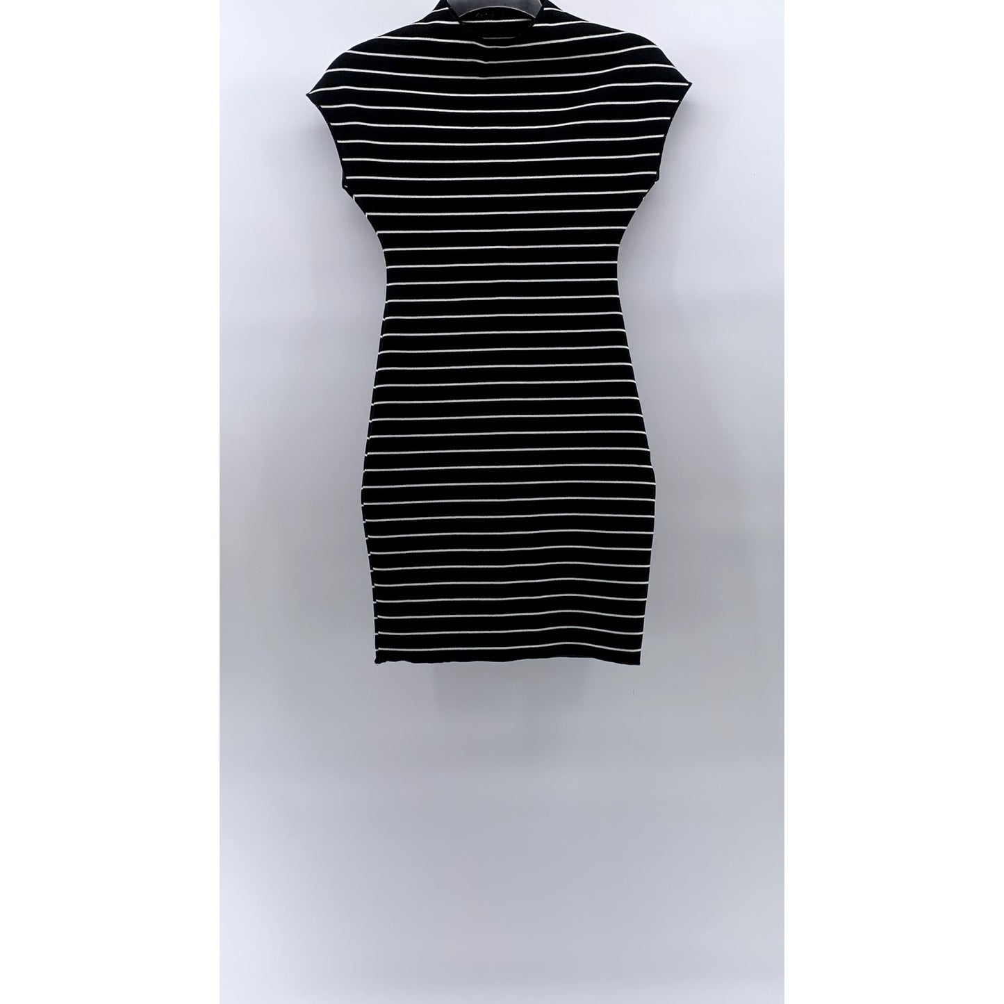ZARA Women's Black-White Striped High-Neck Knit Short Sleeve Mini Dress SZ S