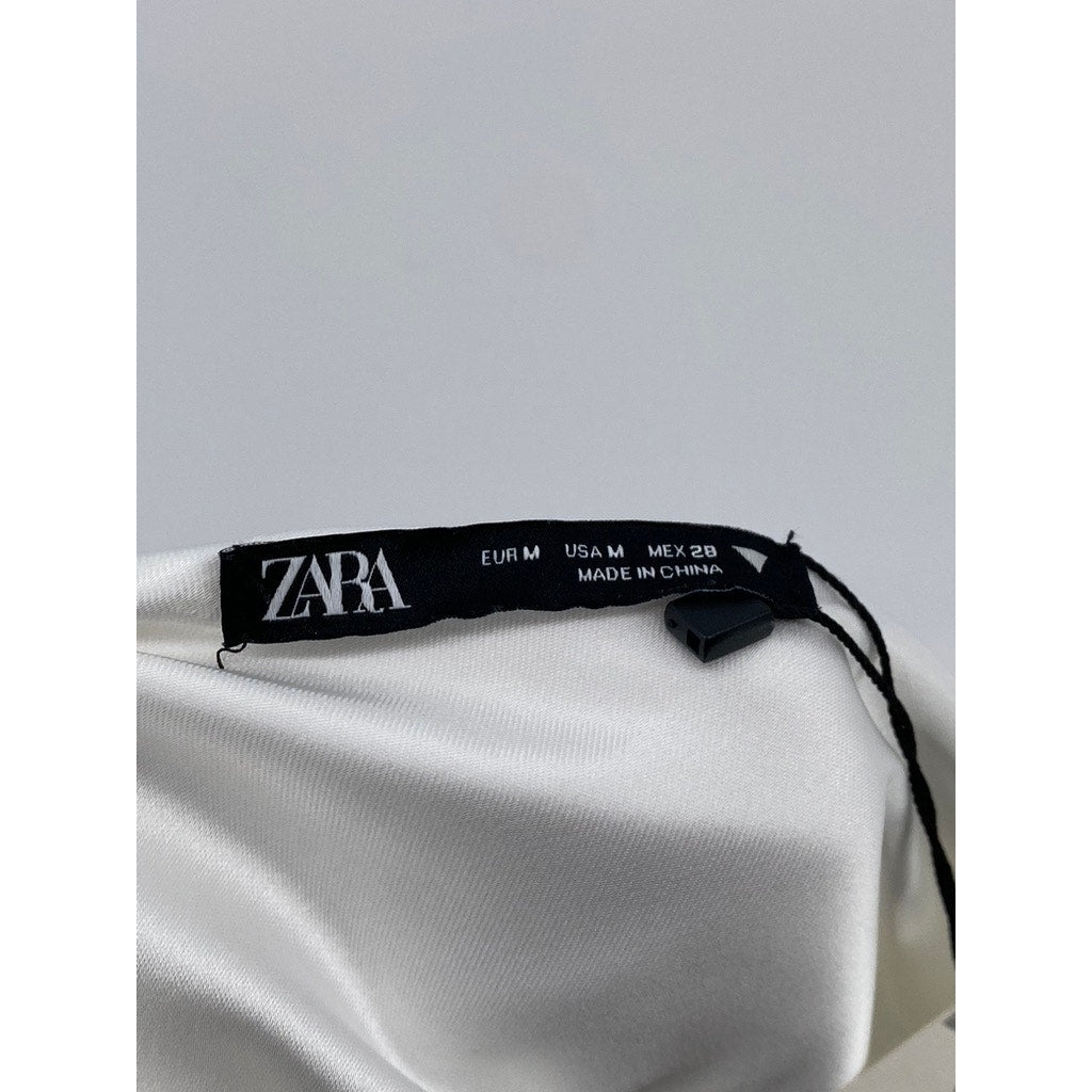 ZARA Women’s White Satin Cowl-Neck Spaghetti Strap Backless Mini Dress SZ M