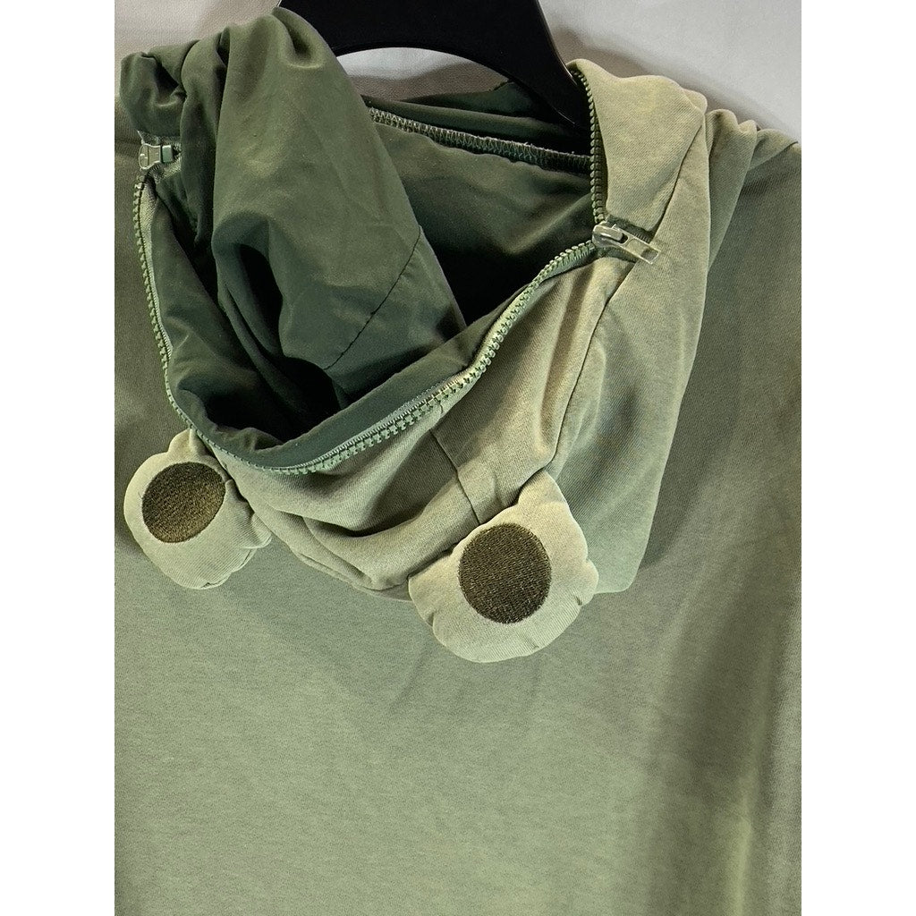 MODAKAWA Women's Olive Green Frog Zipper Envelope Oversized Hoodie SZ M