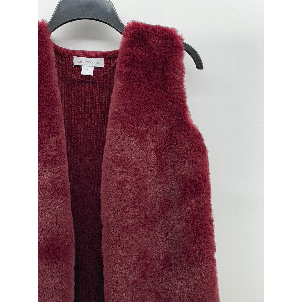 LIZ CLAIBORNE Women's Maroon Faux-Fur Knit Open-Front Sleeveless Vest SZ S