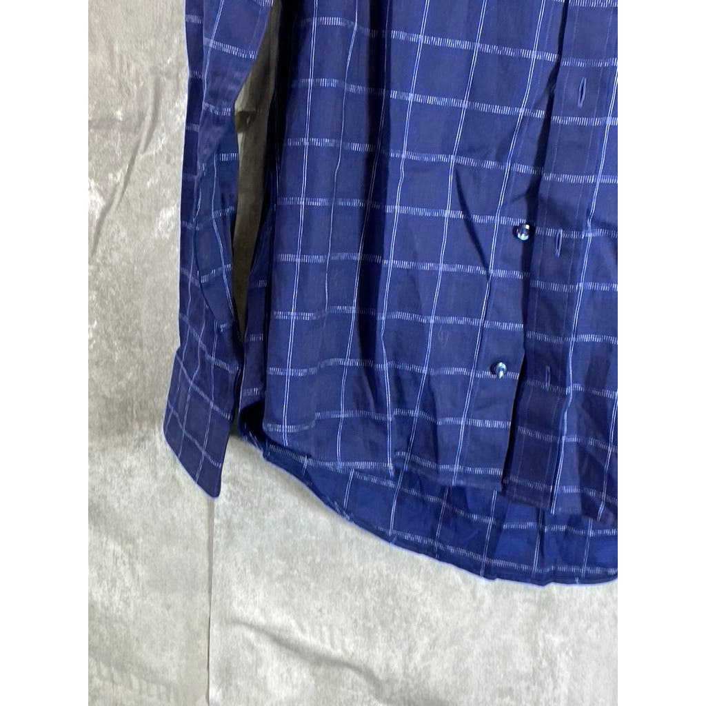 BEN SHERMAN Men's Navy Dobby Windowpane Stretch Skinny-Fit Dress Shirt SZ 16
