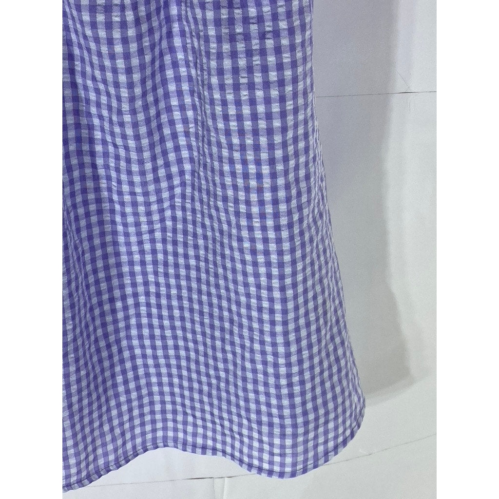 H&M Women's Purple-White Gingham Tie-Front Cutout Puff-Sleeve Mini Dress SZ XS