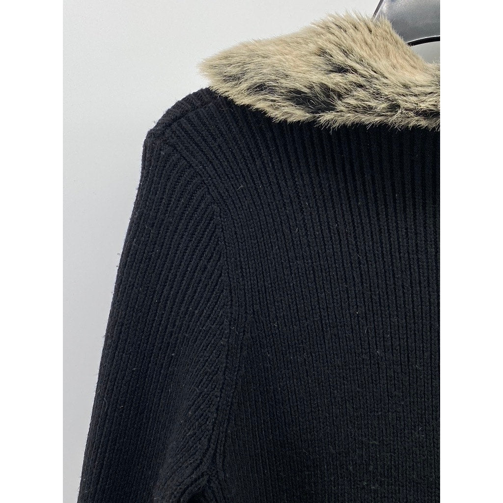 CHRISTIE & JILL Women's Vintage Black Rib Faux Fur Long Sleeve Long Duster SZ L