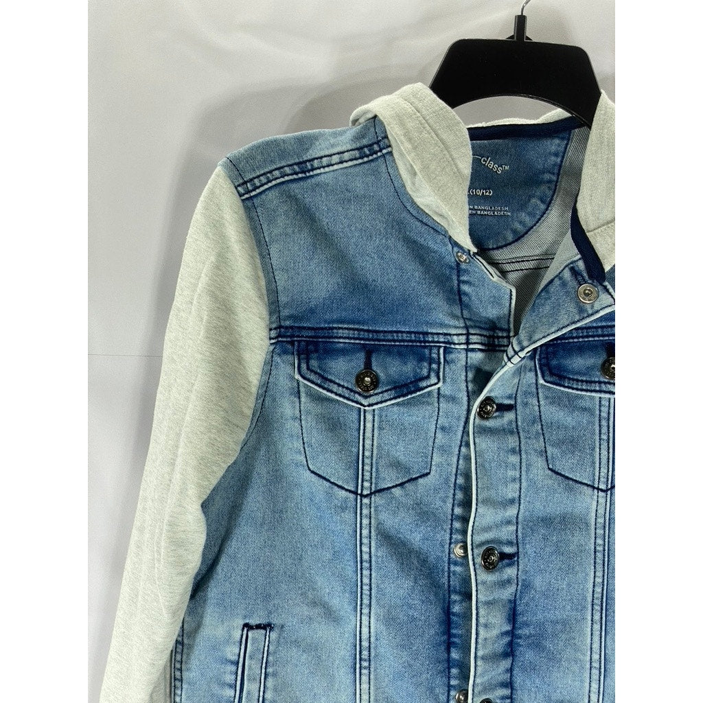 ART CLASS Boy’s Light Wash Blue-Gray Denim Snap-Button Hooded Jacket SZ L 10/12