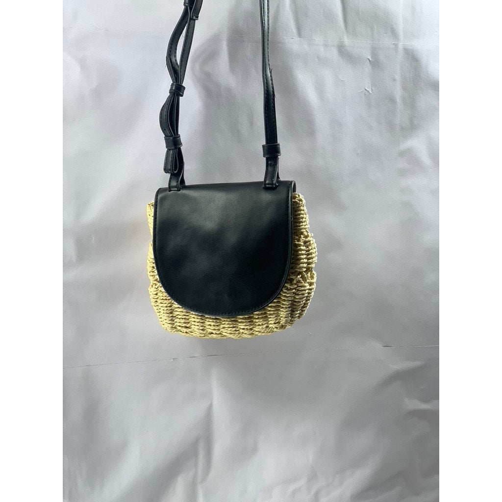 A NEW DAY Women's Black-Tan Straw Flap Snap Button Shoulder Cross-Body Bag