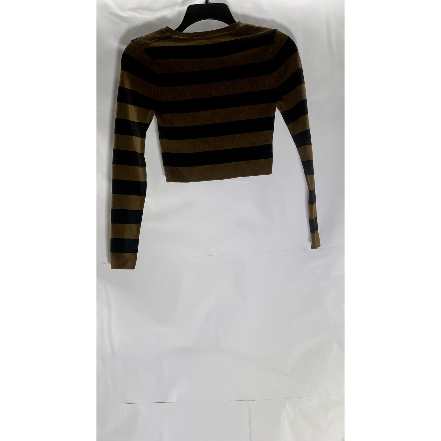 ZARA Women's Black/Brown Striped Knit Crewneck Long Sleeve Crop Top SZ S