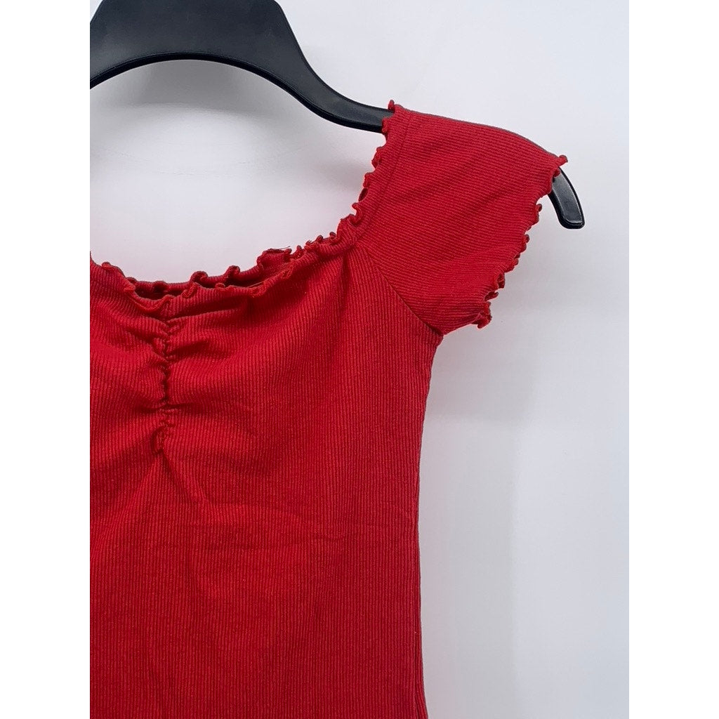 HOLLISTER Women's Red Lettuce-Trim Off-The-Shoulder Casual Short Sleeve Top SZ S