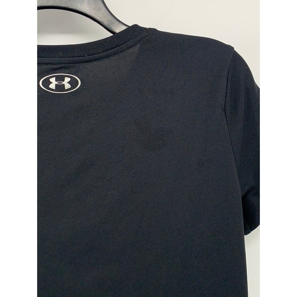 UNDER ARMOUR Women's Black-White Logo Loose Crewneck Short Sleeve Active Top SZS