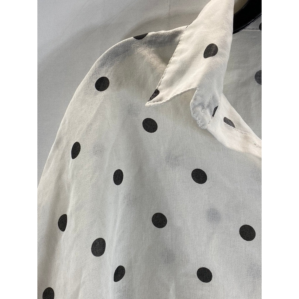 UNBRANDED Women's White/Black Polka Dot Short Sleeve Button-Up Crop Top SZ M