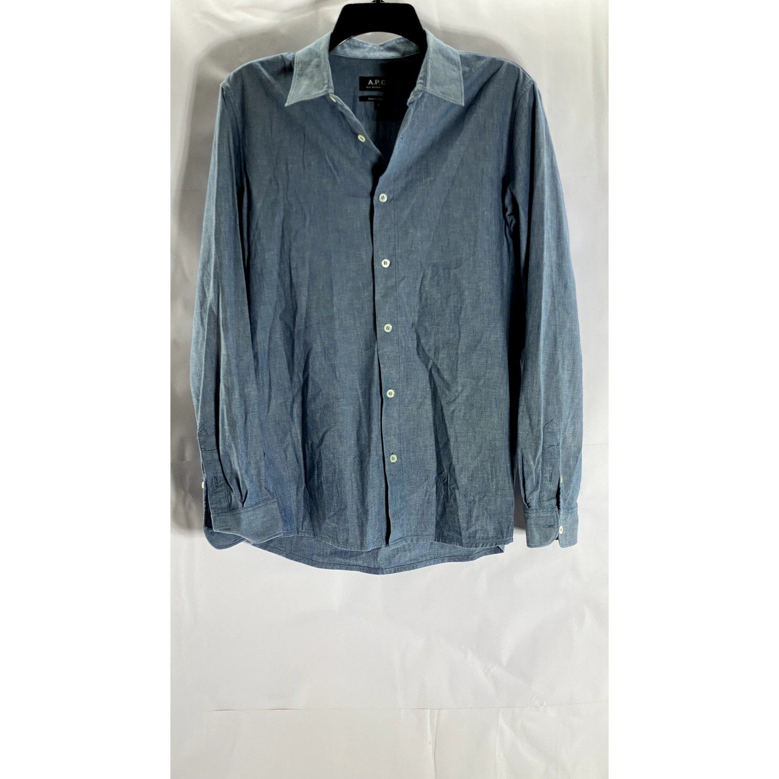 A.P.C. RUE MADAME PARIS Men's Blue Regular-Fit Button-Up long Sleeve Shirt SZ S
