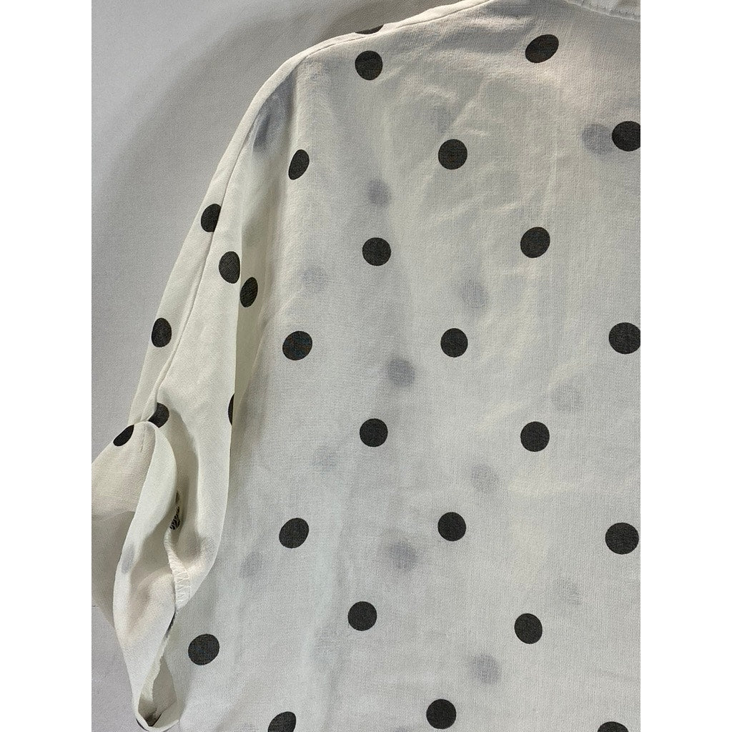 UNBRANDED Women's White/Black Polka Dot Short Sleeve Button-Up Crop Top SZ M