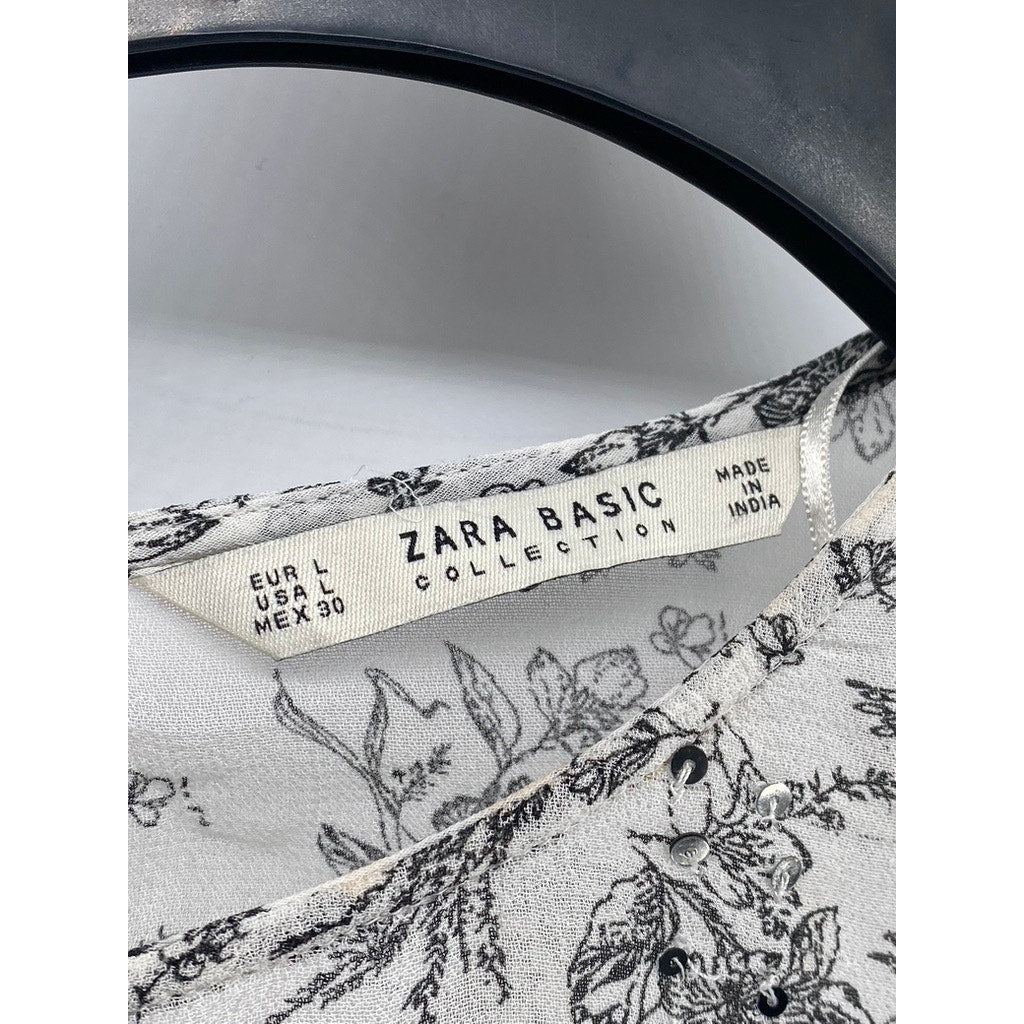 ZARA Women's Light Gray Floral Sequin Embellished Long Flare Sleeve Top SZ L