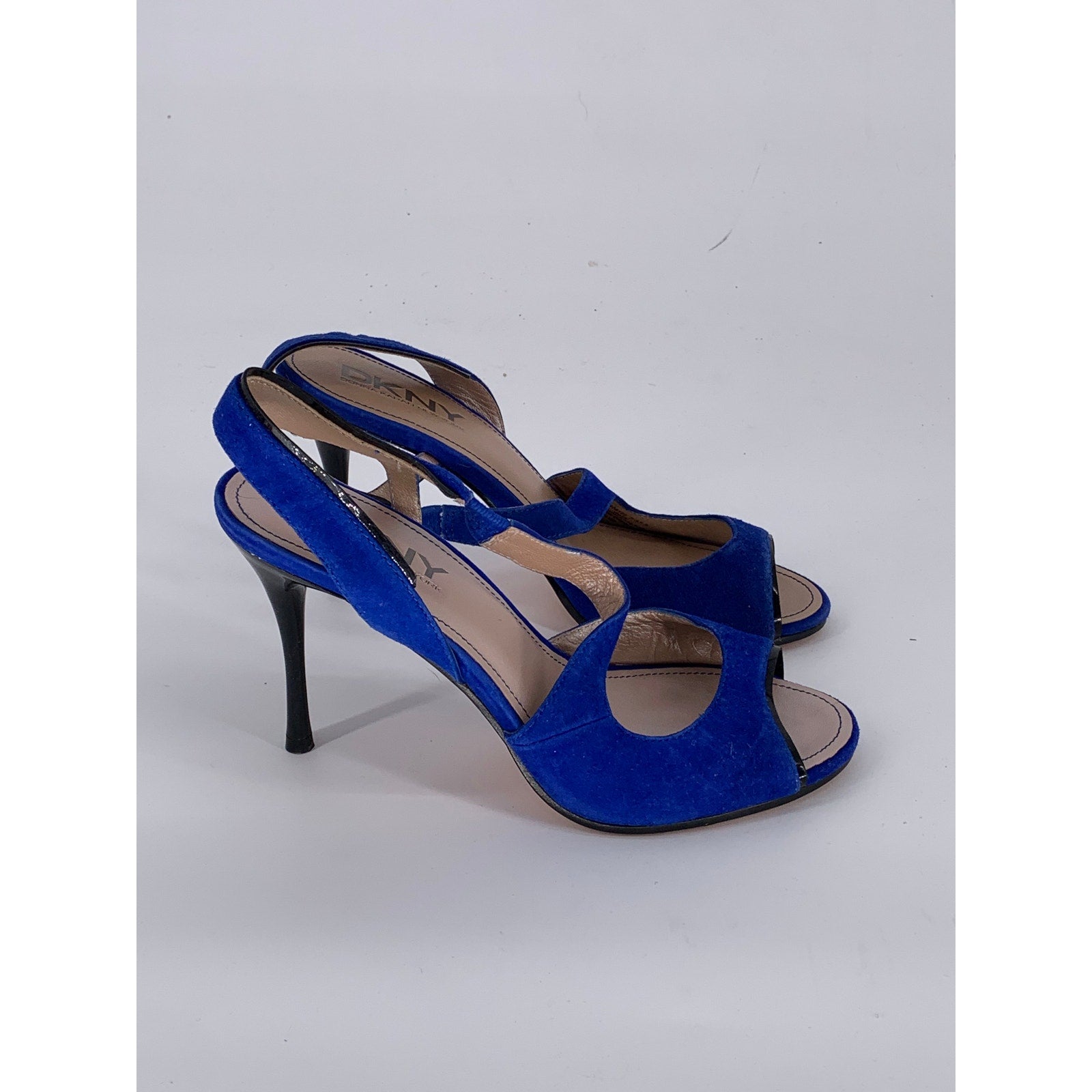 DKNY Women's Cobalt Blue Suede Leather Open-Toe Ankle Strap Stiletto Heels SZ 7