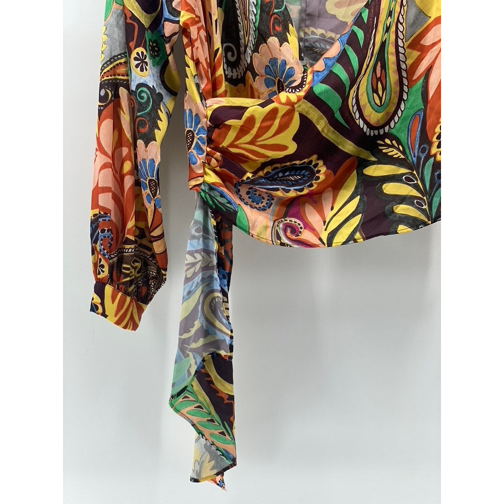 ZARA Women's Black-Multi Printed V-Neck Wrap Long Sleeve Top SZ M