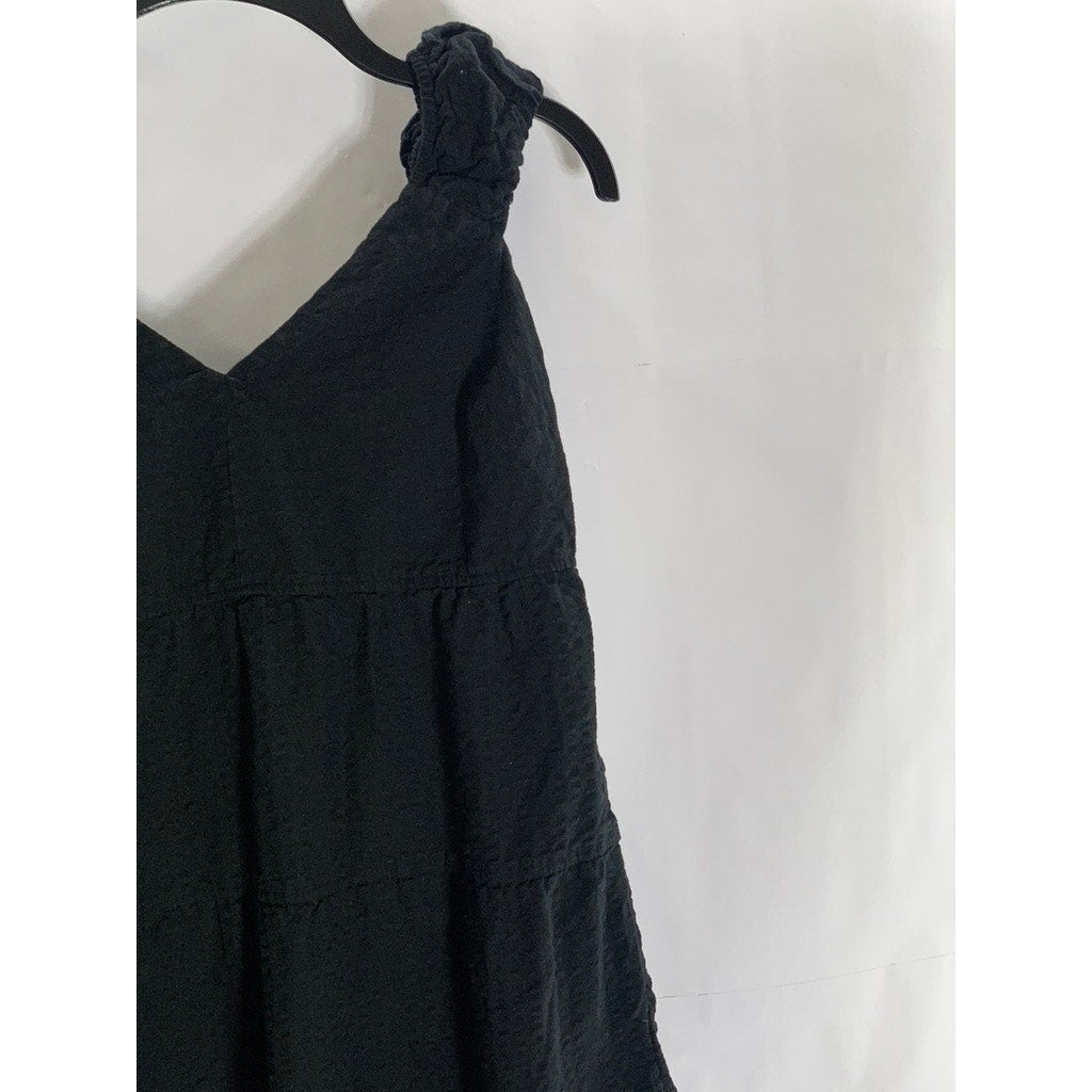 OLD NAVY Women's Black Solid V-Neck Ruffle-Sleeve Tie-Bust Tiered Maxi Dress SZM