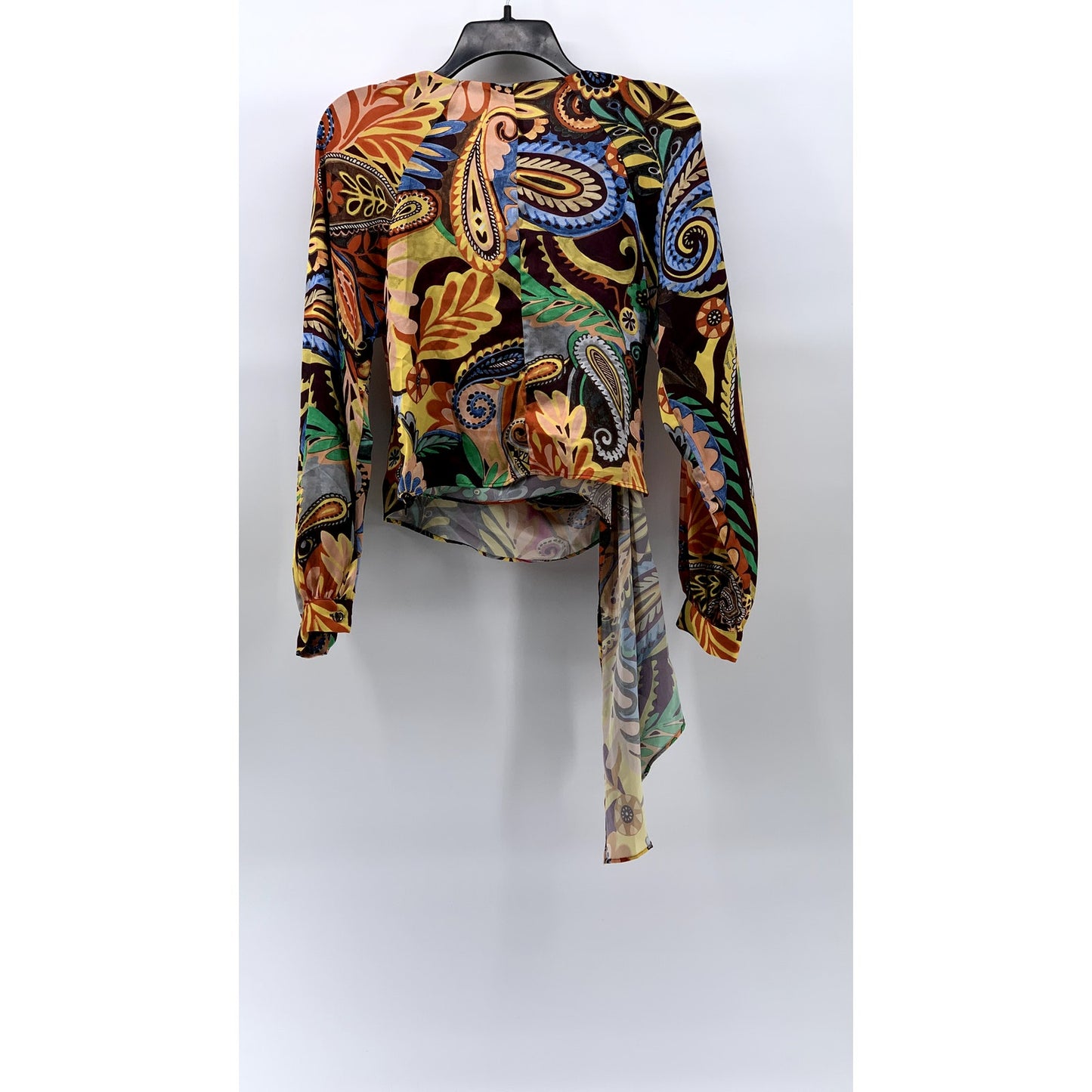 ZARA Women's Black-Multi Printed V-Neck Wrap Long Sleeve Top SZ M