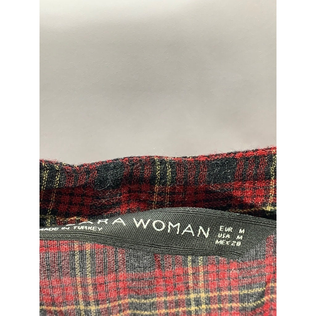 ZARA Women's Red/Green Plaid Long Sleeve Hi-Low Hem Henley Top SZ M